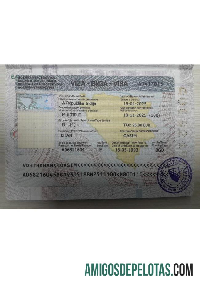 Visto de viagem para Bósnia e Herzegovina com página de passaporte baixar para verificação